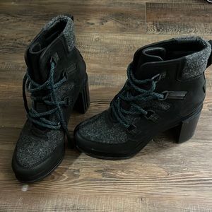 Wool and leather Sorels with three in wedge heel.